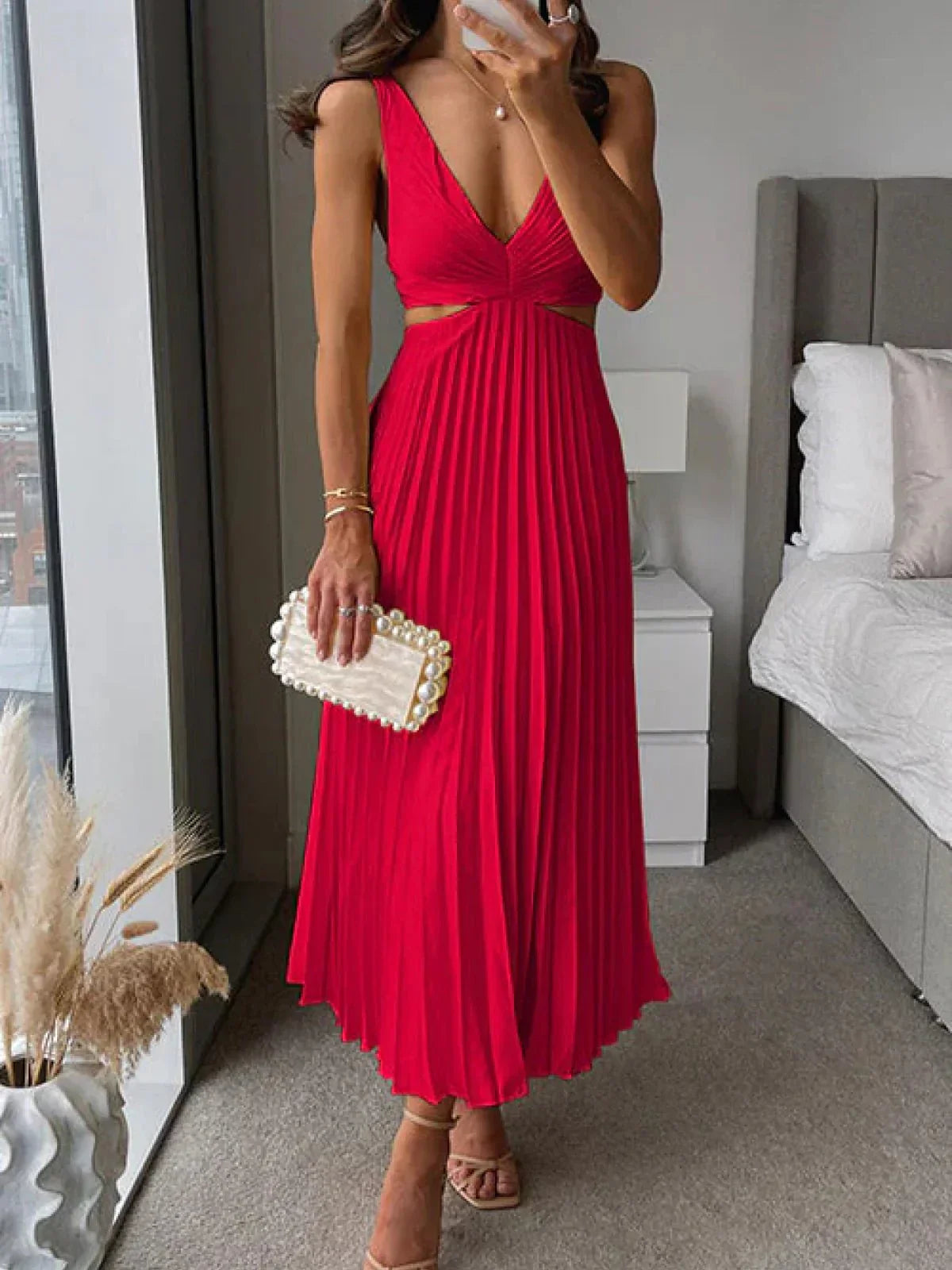 Robe Femme Chic en Soie - Robe Mi-Longue Décolletée Plissée Élégante
