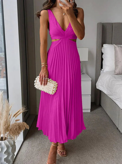 Robe Femme Chic en Soie - Robe Mi-Longue Décolletée Plissée Élégante