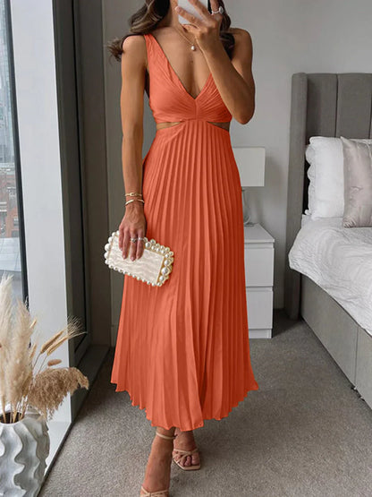 Robe Femme Chic en Soie - Robe Mi-Longue Décolletée Plissée Élégante
