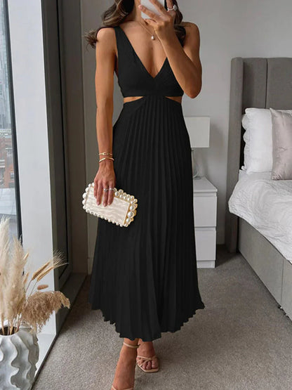 Robe Femme Chic en Soie - Robe Mi-Longue Décolletée Plissée Élégante
