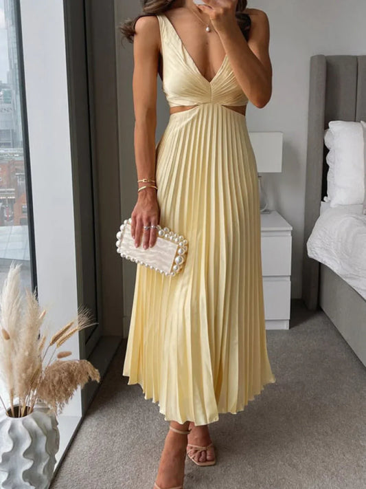 Robe Femme Chic en Soie - Robe Mi-Longue Décolletée Plissée Élégante - PanierRoyale
