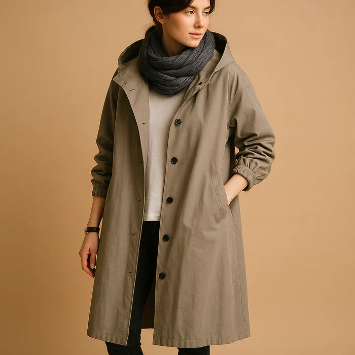Veste Imperméable Féminine Longue avec Capuche et Fermeture Éclair