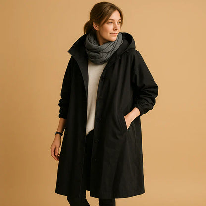 Veste Imperméable Féminine Longue avec Capuche et Fermeture Éclair