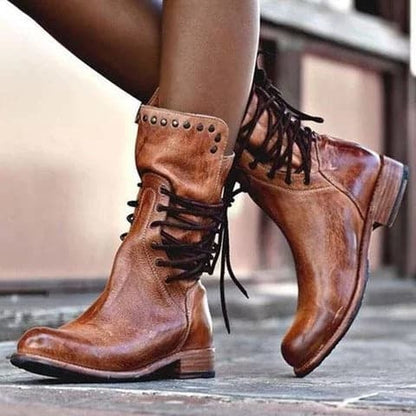Bottes Femme Cuir Mi-Hauteur Lacets Élégantes - PanierRoyale