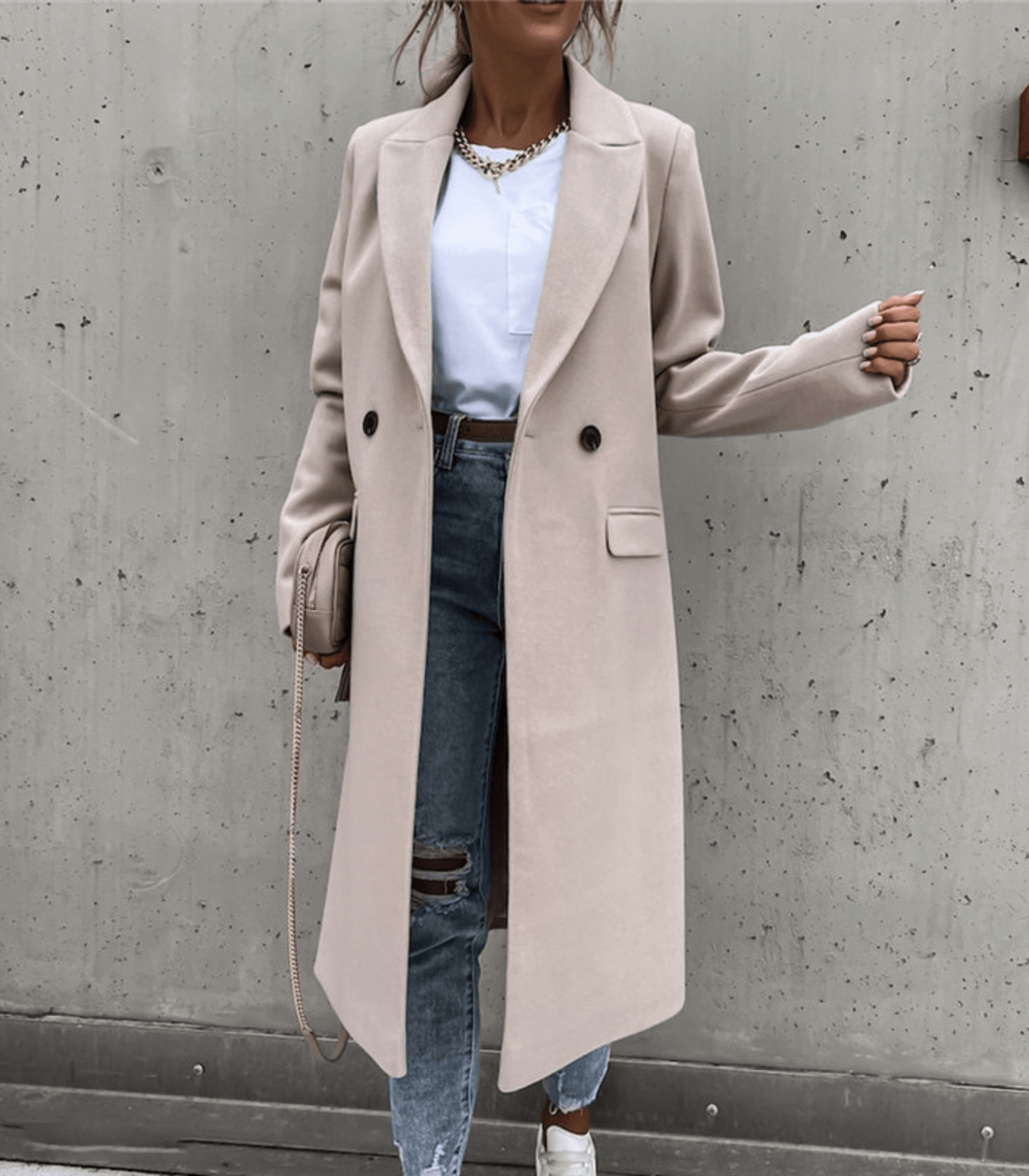 Manteau femme long élégant beige clair double boutonnage - PanierRoyale