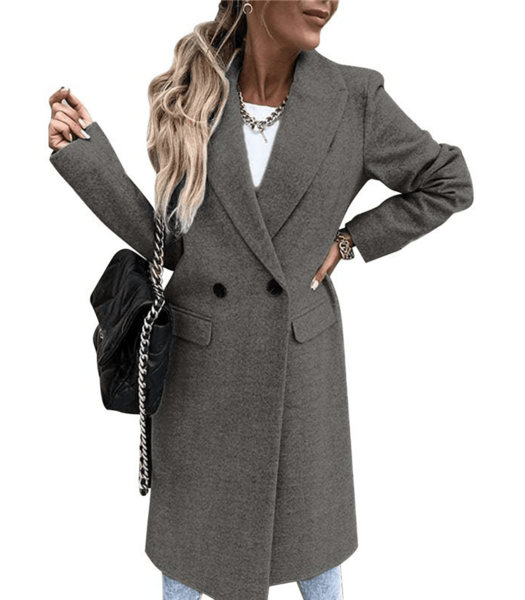 Manteau femme long élégant beige clair double boutonnage
