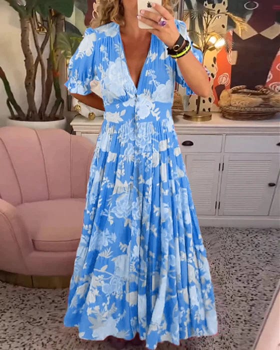 Robe Longue Femme Fluide Imprimée Col V Manches Courtes
