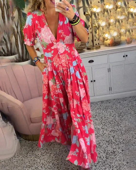 Robe Longue Femme Fluide Imprimée Col V Manches Courtes