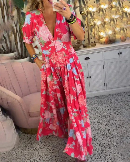 Robe Longue Femme Fluide Imprimée Col V Manches Courtes