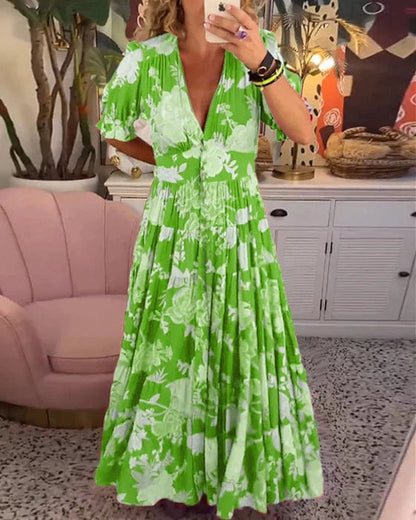 Robe Longue Femme Fluide Imprimée Col V Manches Courtes