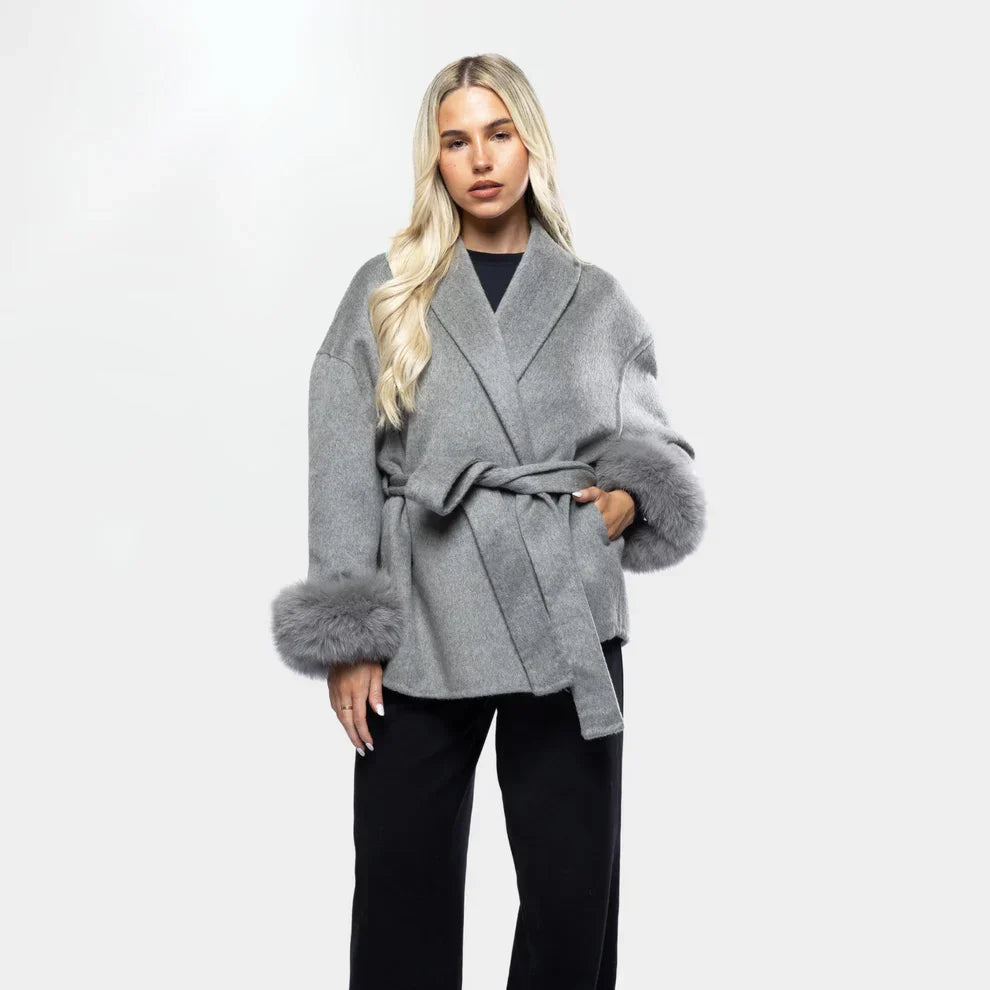 Manteau Femme Hiver Chic avec Fourrure Artificielle et Ceinture Élégante