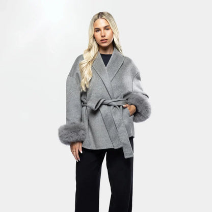 Manteau Femme Hiver Chic avec Fourrure Artificielle et Ceinture Élégante