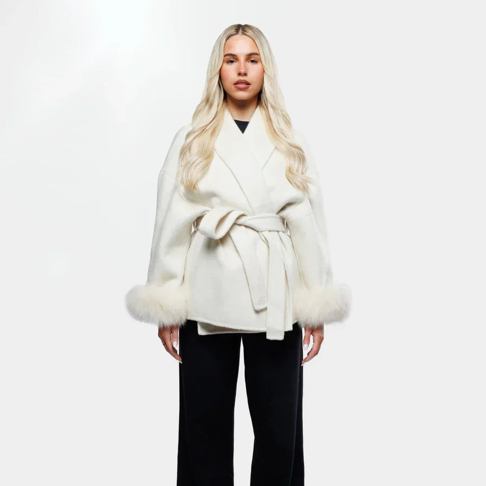 Manteau Femme Hiver Chic avec Fourrure Artificielle et Ceinture Élégante