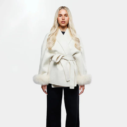 Manteau Femme Hiver Chic avec Fourrure Artificielle et Ceinture Élégante