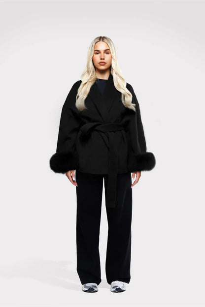 Manteau Femme Hiver Chic avec Fourrure Artificielle et Ceinture Élégante