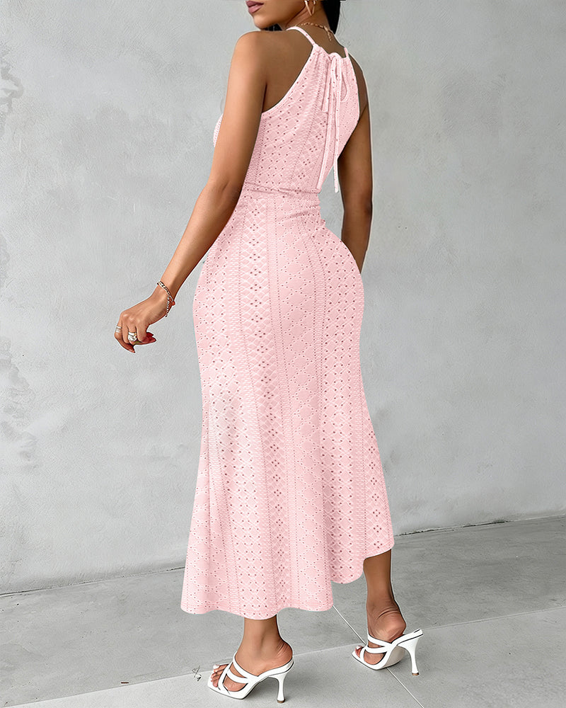 Robe Midi Femme Jacquard Ajouré Col Halter Fente