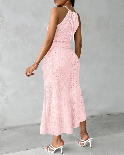 Robe Midi Femme Jacquard Ajouré Col Halter Fente