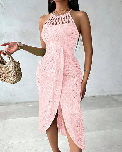 Robe Midi Femme Jacquard Ajouré Col Halter Fente