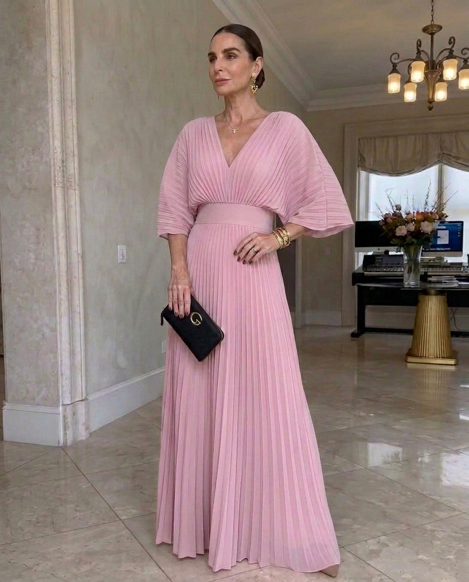 Robe Maxi Femme Plissée Col en V