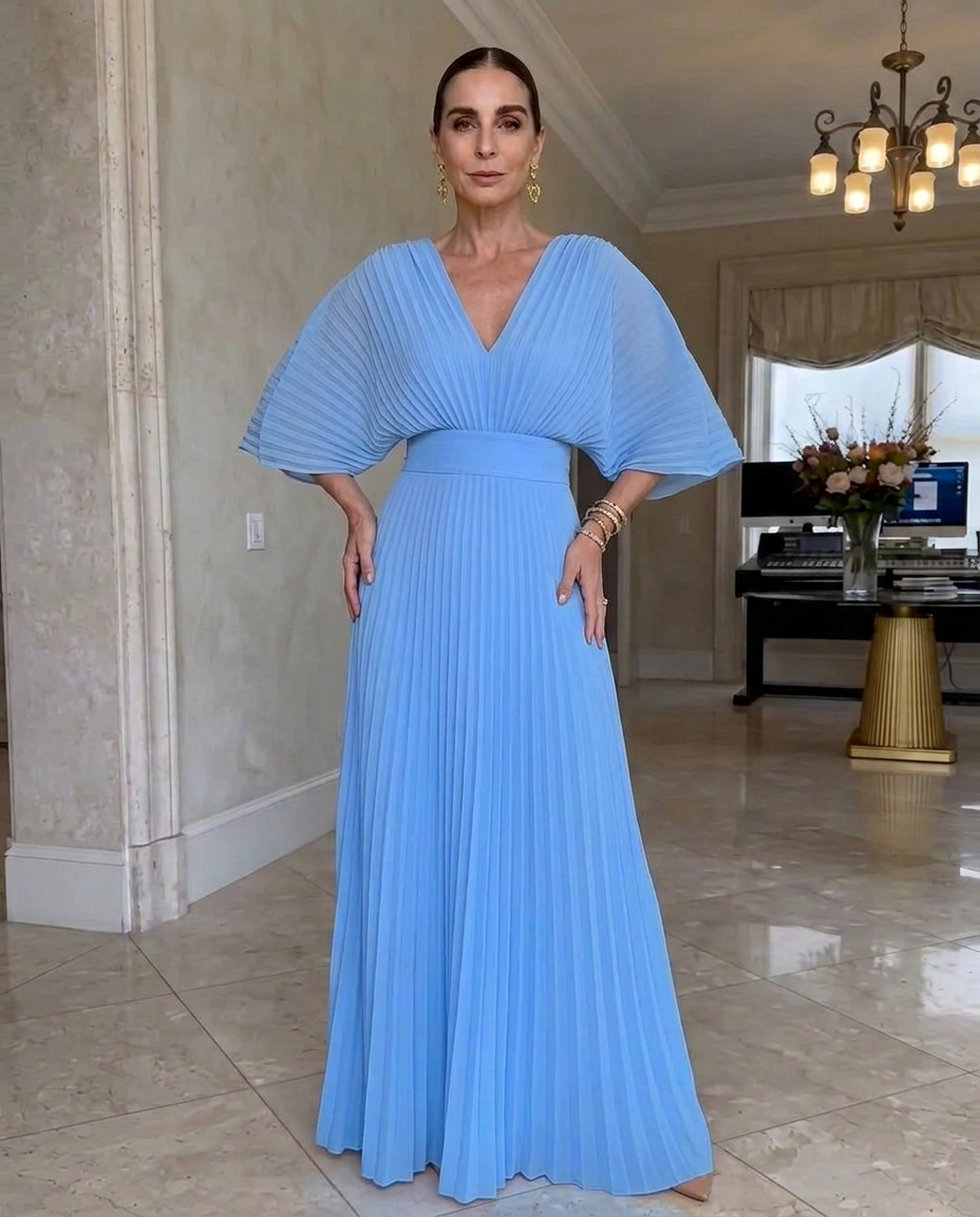 Robe Maxi Femme Plissée Col en V