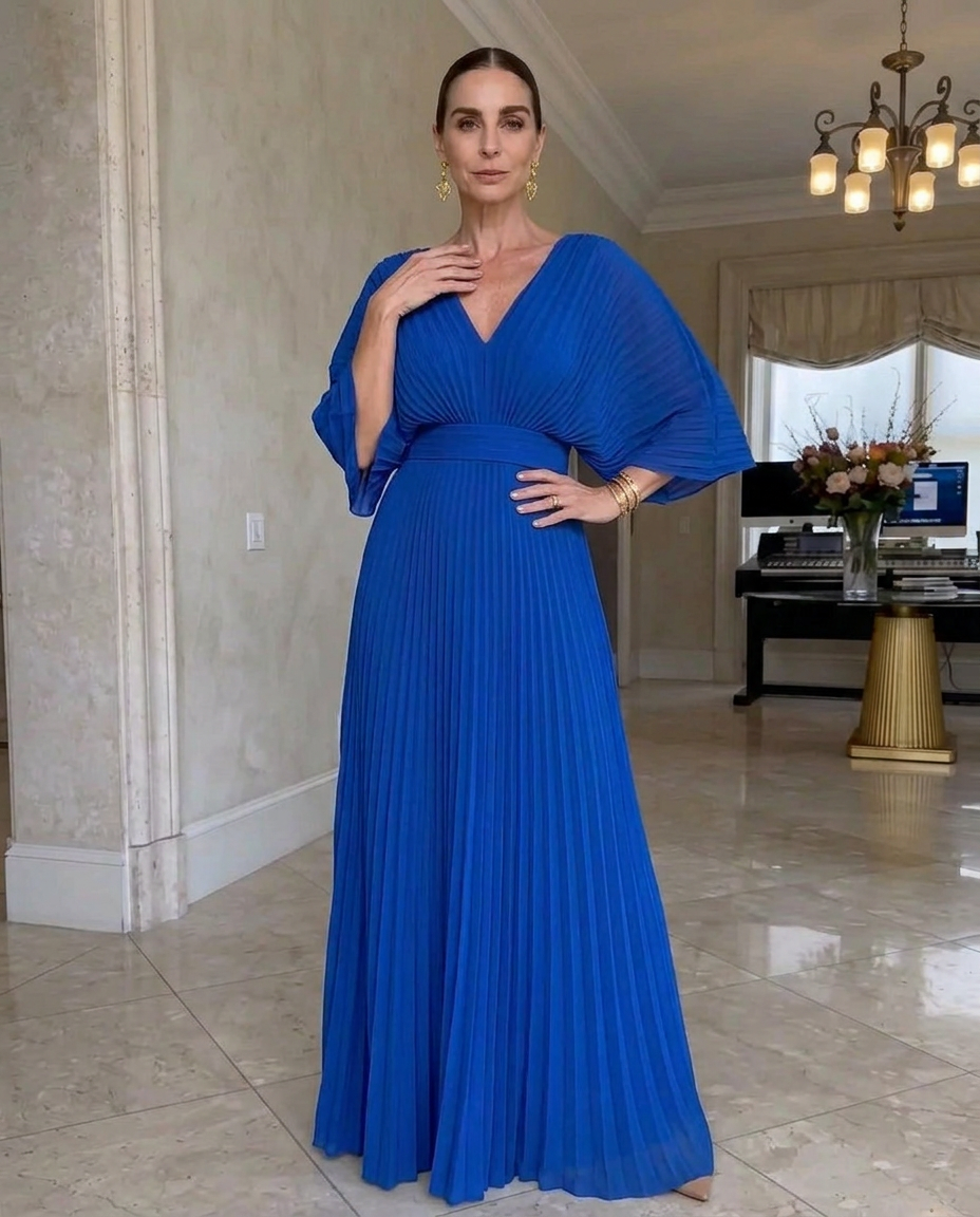 Robe Maxi Femme Plissée Col en V