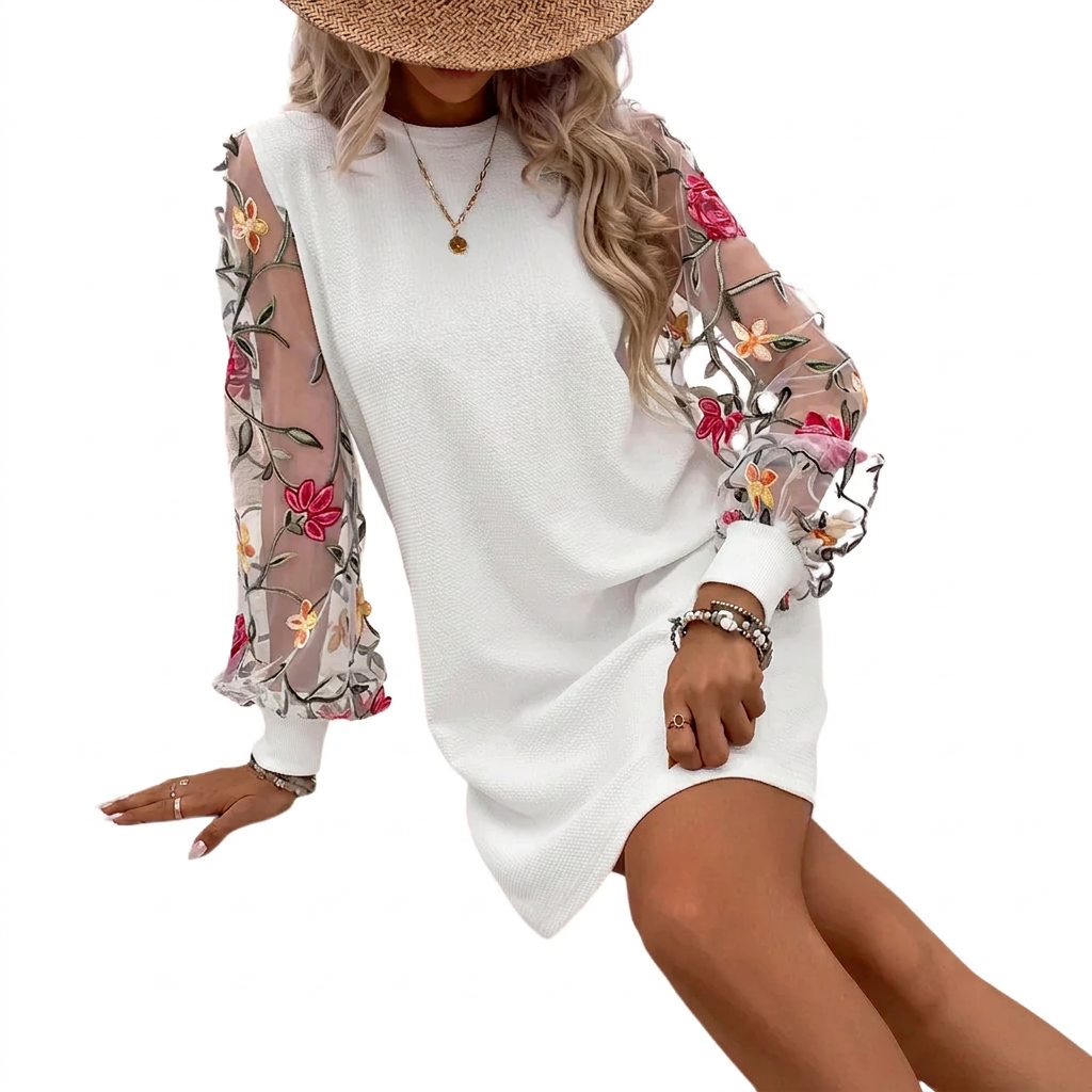 Robe Femme Manches Transparentes Brodées Coupe Élégante