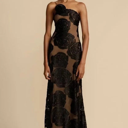 Robe de Cocktail Noire à Fleurs Élégante - PanierRoyale