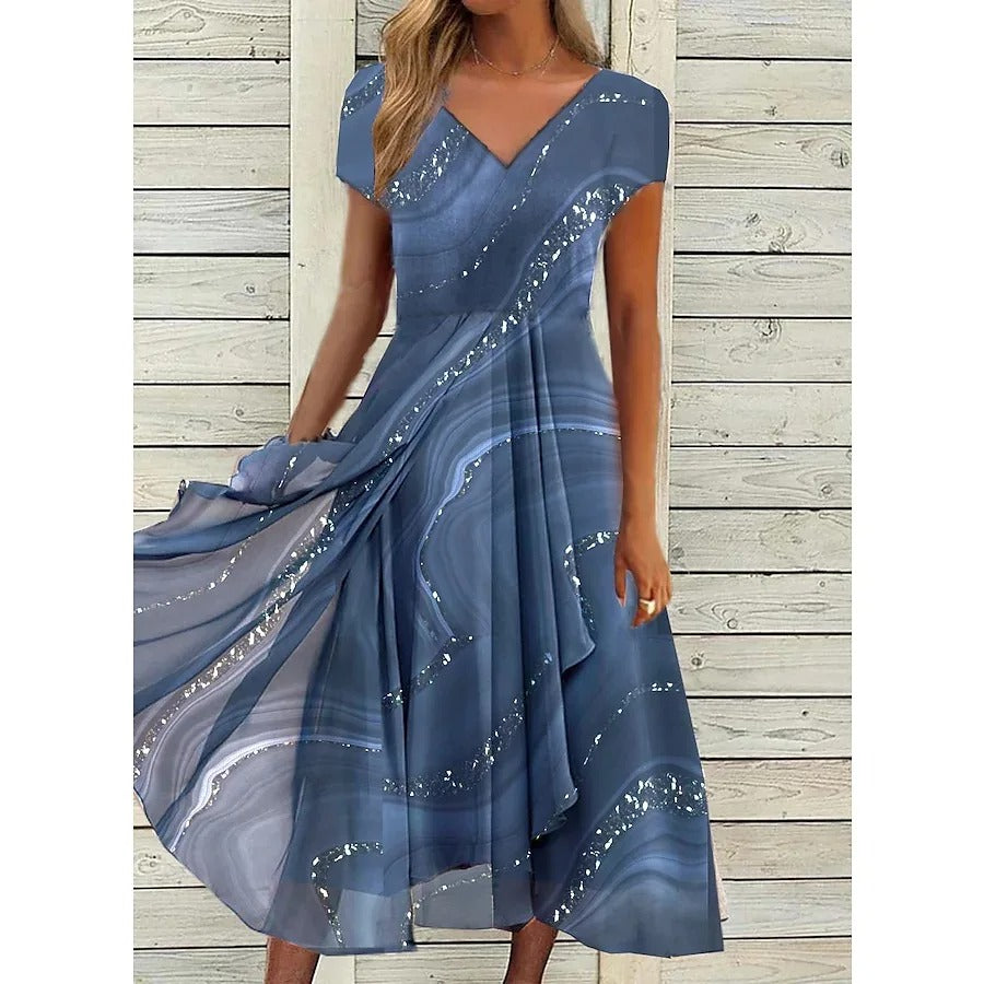 Robe Midi Femme Fluide Imprimée Col V Manches Courtes - PanierRoyale