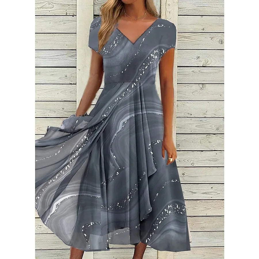 Robe Midi Femme Fluide Imprimée Col V Manches Courtes