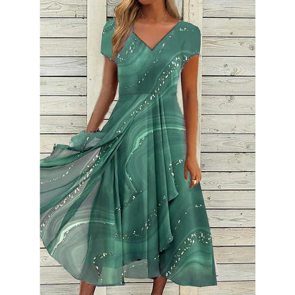 Robe Midi Femme Fluide Imprimée Col V Manches Courtes