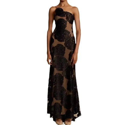 Robe de Cocktail Noire à Fleurs Élégante