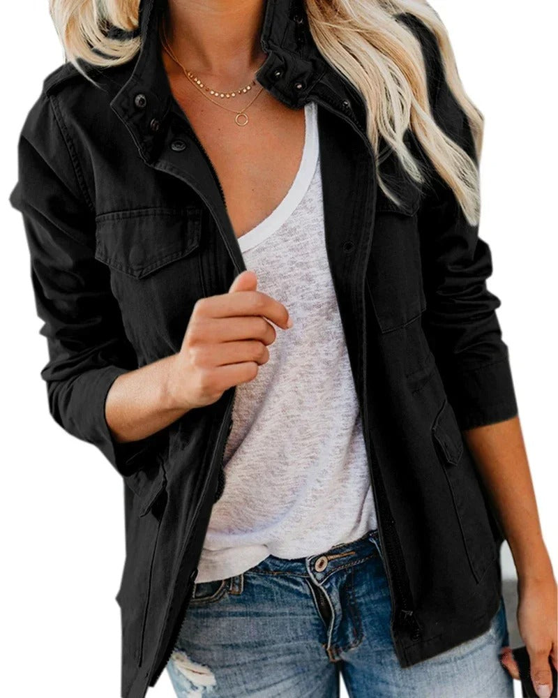 Veste Mi-saison Femme Col Montant Poches Style Utilitaire