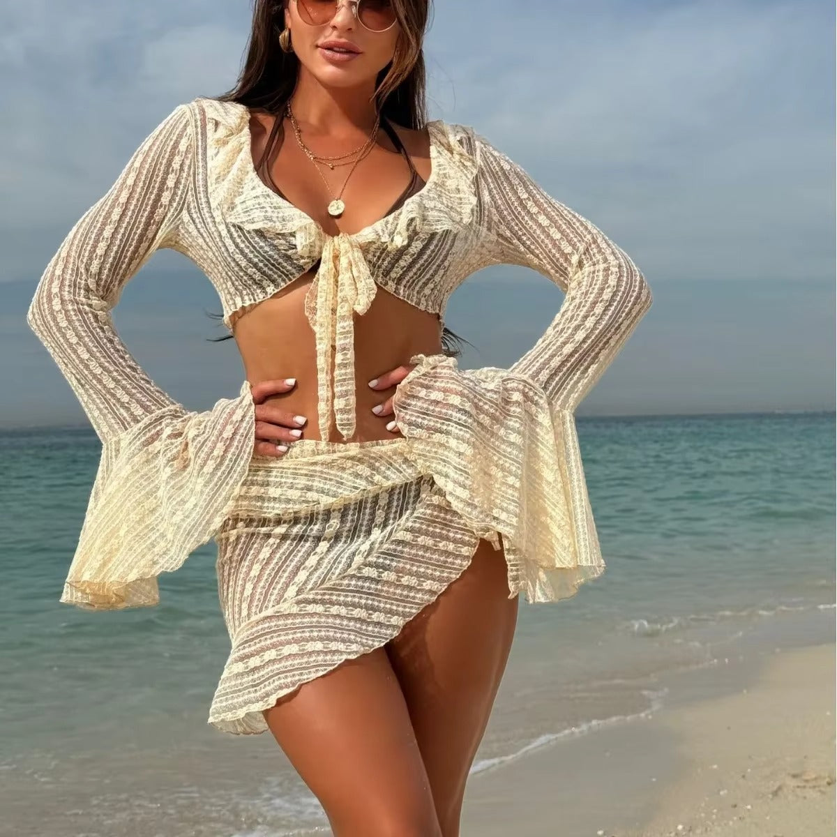 Ensemble Bikini Femme Trois Pièces Paréo Transparent Coupe Ajustée - PanierRoyale