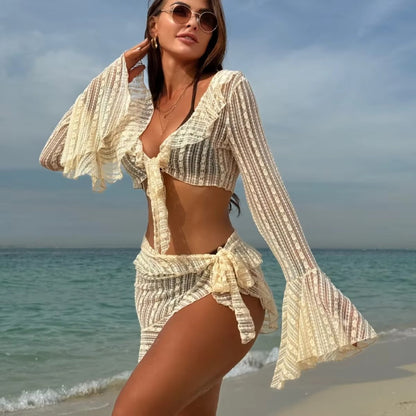 Ensemble Bikini Femme Trois Pièces Paréo Transparent Coupe Ajustée