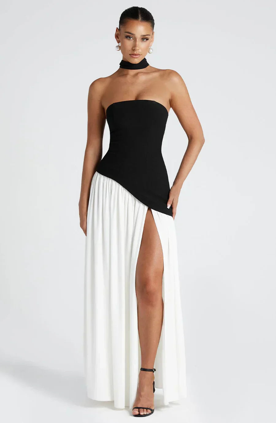 Robe de Soirée Femme Rouge et Noir Élégante à Fente