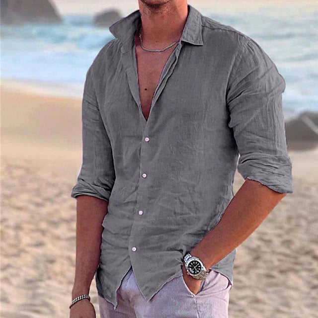 Chemise Homme Lin Rose Clair Manches Longues Décontractée