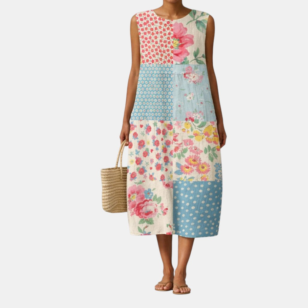 Robe midi Femme Coton Viscose Sans Manches Patchwork