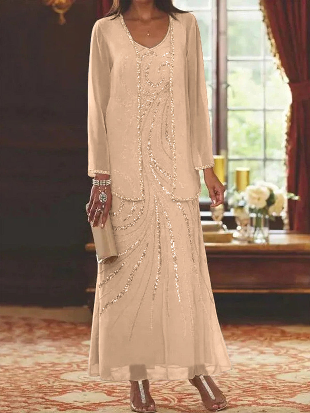Robe Longue Femme Paillettes Col V Manches Longues avec Veste