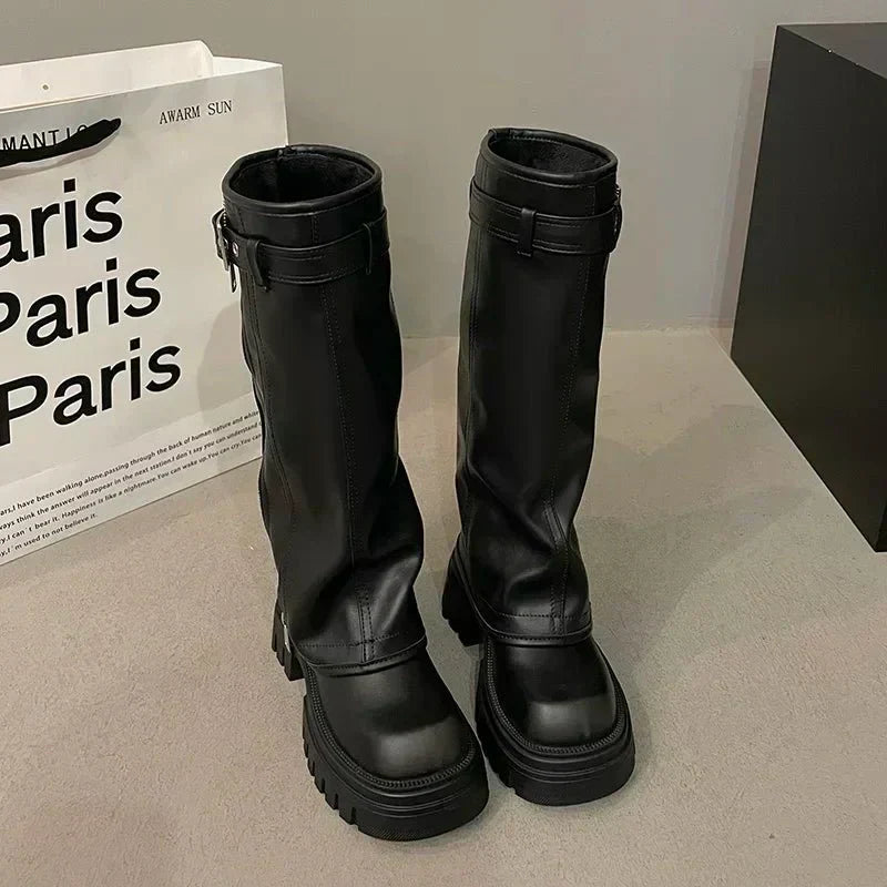 Bottes Hiver à Talon Carré et Plateforme Élevée