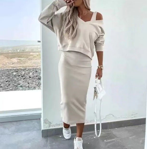 Robe deux pièces femme col V avec pull et jupe mi-longue élégante