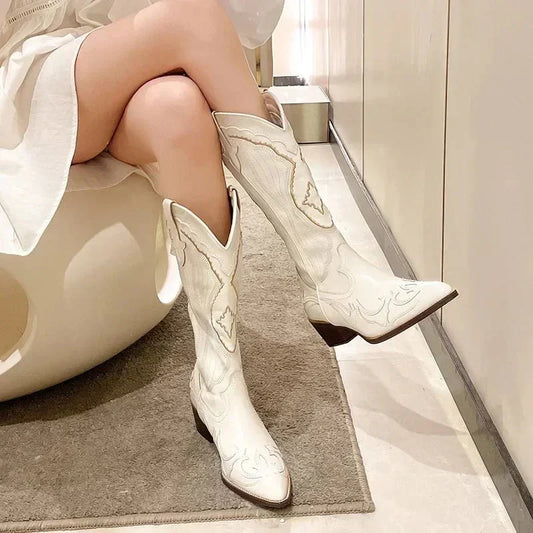 Bottes De Cowboy Mi-mollet Décontractées Pour Femme Pour L'hiver | Bout Pointu