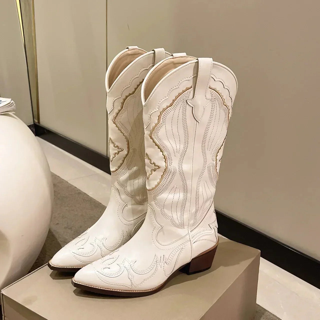 Bottes De Cowboy Mi-mollet Décontractées Pour Femme Pour L'hiver | Bout Pointu