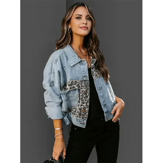 Veste en Jean Imprimé Léopard Courte