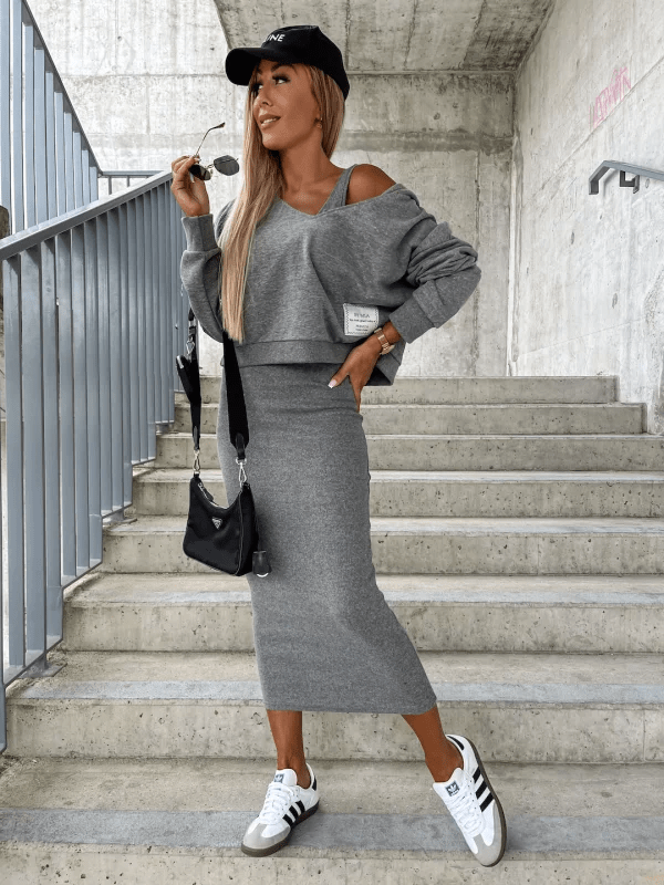 Ensemble urbain deux pièces : pull crop et jupe mi-longue