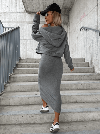 Ensemble urbain deux pièces : pull crop et jupe mi-longue