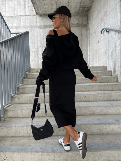Ensemble urbain deux pièces : pull crop et jupe mi-longue