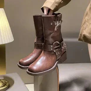 Bottes Hiver Talons Plats en Cuir avec Boucles