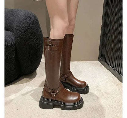 Bottes Hiver Talons Plats en Cuir avec Boucles
