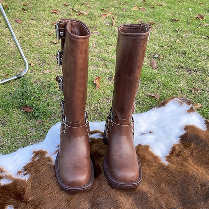 Bottes Hiver Talons Plats en Cuir avec Boucles