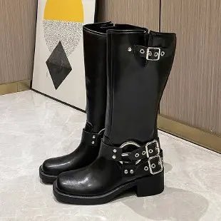 Bottes Hiver Talons Plats en Cuir avec Boucles
